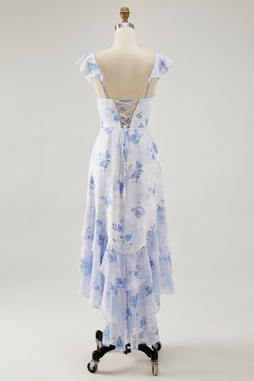 Blue Floral Printed A Line Ruffled Wedding Guest Dress